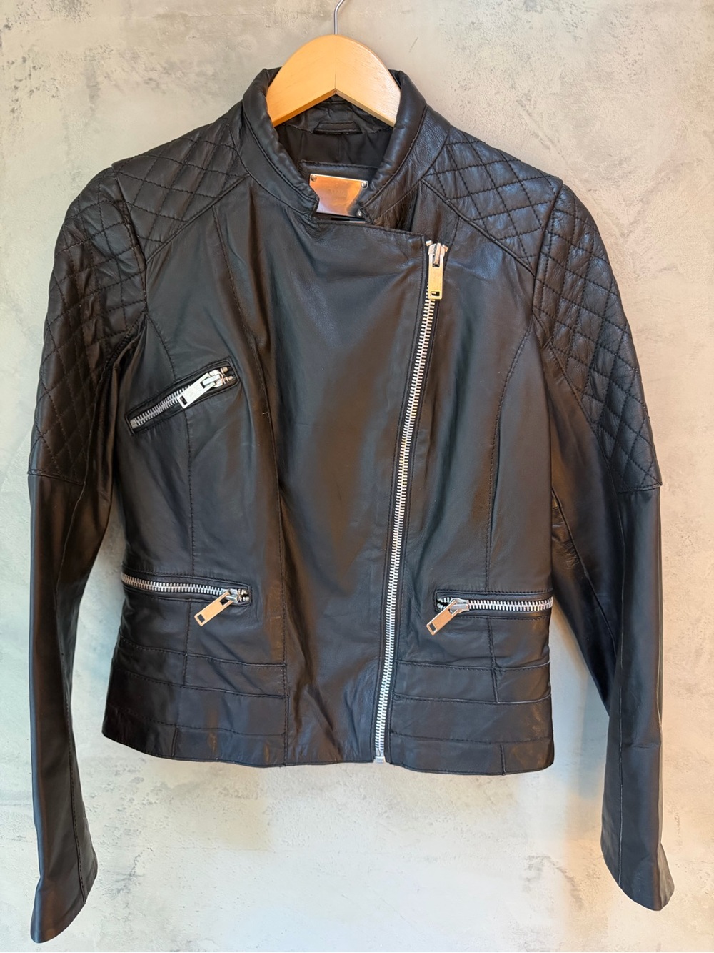 Mango Genuine Leather Biker Jacket; Size US S, EU M